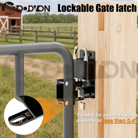 Two Way Gate Latch Heavy Duty Lockable Fence Gate Hardware For Metal Tube Gates Livestock Horse Corral Ranch Stable Self Locking 2 Pack Weather Resistant Easy Install Built Tough on round tube gate; fits padlocks under 0.4 inch