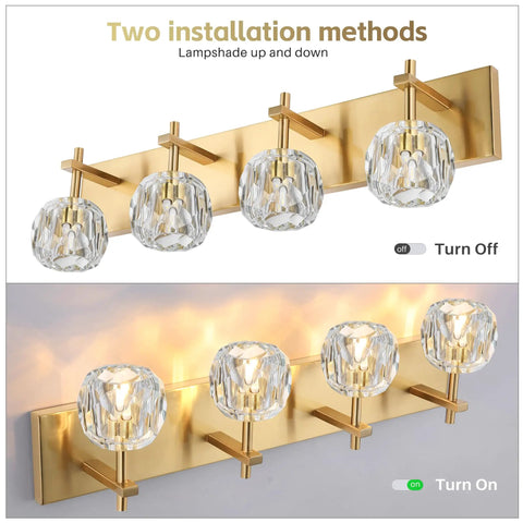 Two installation methods of 4 Light Crystal Bathroom Vanity Light Fixture Over Mirror With Gold Chrome Finish And Round Shade