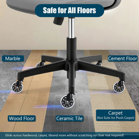 Chair with Set Of Five 3 Inch Smooth Replacement Chair Wheels With Rollerblade Style Bearings shown on various floors.