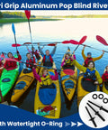 Heavy Duty Tri Grip Aluminum Pop Rivets With Waterproof O Rings used on kayaks in the water with paddlers enjoying a sunny day.