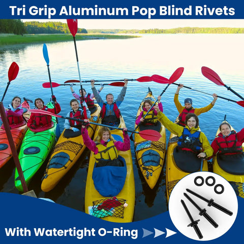 Heavy Duty Tri Grip Aluminum Pop Rivets With Waterproof O Rings used on kayaks in the water with paddlers enjoying a sunny day.