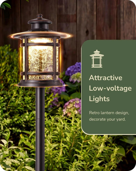 Low Voltage Pathway Lights Set, 3.4W 155LM 12V 3000K Warm Outdoor LED, bronze lantern design illuminated in garden