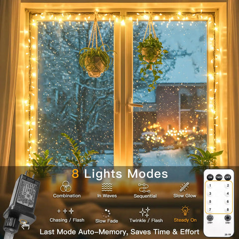 Indoor String Lights With Remote 33ft 100 LED Warm White Twinkle Fairy Lights for windowsill and plants, showing 8 light modes