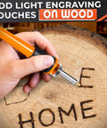 Awesome Hot Knife Plastic Cutter Tool Set With 30W Power And 55 Inch Long Cable includes an engraving tip touching wood.