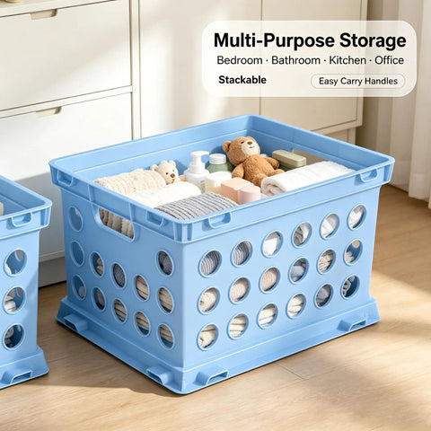 Top Rated Hassle Free Breezy Blue Stackable Plastic Storage Bin With Full Grip Handles For Quick Closet Pantry Garage Laundry Room Organization And Easy Everyday Hauling with towels and toys.