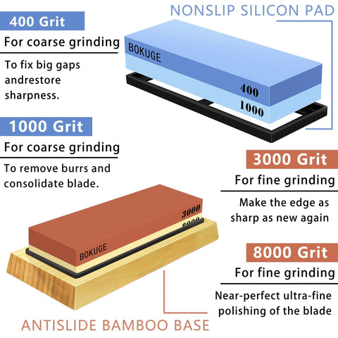 Pro Knife Sharpening Stone Kit With 4 Sided Grit 400/1000/3000/8000, non-slip bamboo base and honing guide displayed