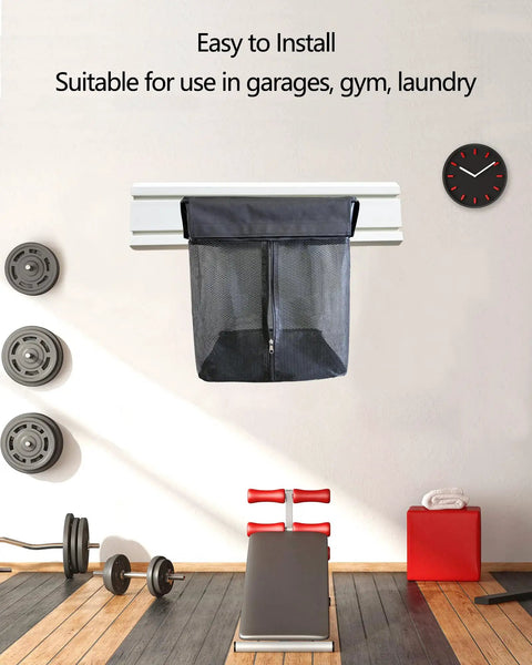 Mesh Slatwall Storage Baskets With Zipper Collapsible Hanging Organizer Set Heavy Duty Metal Frame 2 Pack installed in gym