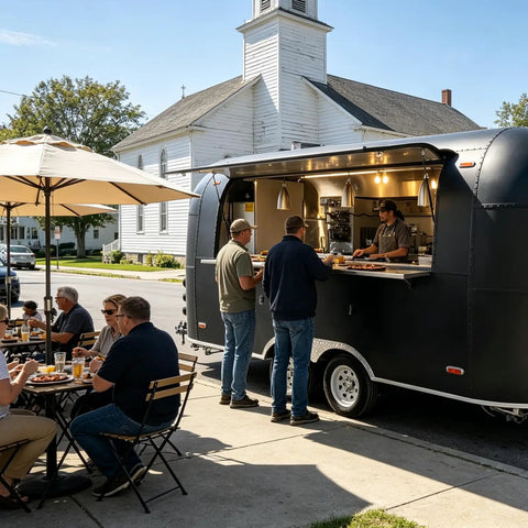 Turnkey Black Food Truck For Barbecue Catering Mobile Trailer With Handy Bathroom And Beefed Up Commercial Kitchen Setup For Legit Street Hustles On The Go serving customers outdoors.