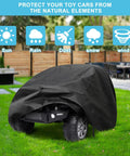 Tough As Nails Kids Ride On Toy Car Cover for Outdoor Use shields car from elements on grass with dust, sun, rain icons visible.