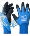 Winter Work Gloves For Men And Women, Touchscreen Ready, Waterproof, Freeze-Proof Warmth, Blue, Size Small, water splashing on gloves