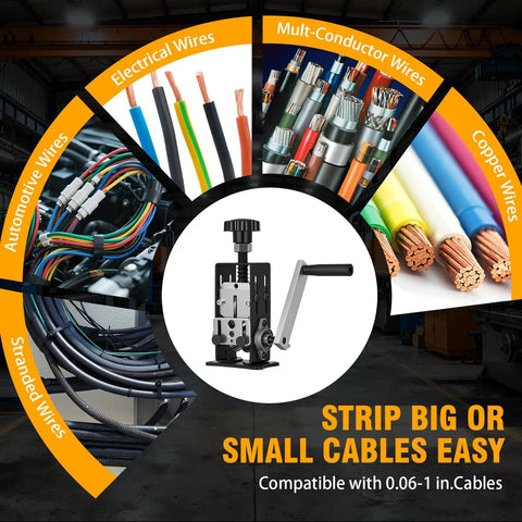 Drill Powered Wire Stripper Machine 0.06-1 Inch Adjustable Hand Crank for stripping various cable types, shown with wires