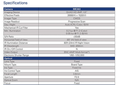 Specifications table for 4MP Quad HD Outdoor Security Dome Camera With 3.6mm Lens 80ft Night Vision Weatherproof Housing No Fuss Install Works With HD CVI TVI AHD Lorex MPX DVR Versatile For Any MPX System Crisp Day And Night Footage