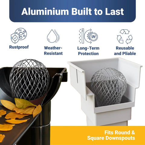 6 Pack Leaf Guard Gutter Filter Mesh Screen for downspouts and gutters, easy install drain cover in black and white Downspouts
