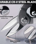 Close-up of Three Pack Aviation Tin Snips for Cutting Metal Sheets with heavy duty CRV steel blades showing serrated edge and thickness.