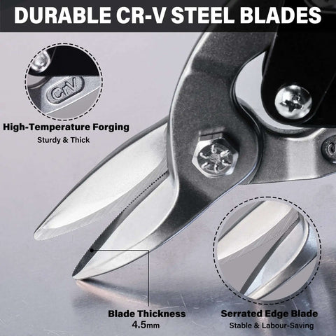 Close-up of Three Pack Aviation Tin Snips for Cutting Metal Sheets with heavy duty CRV steel blades showing serrated edge and thickness.