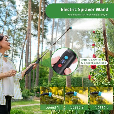 Woman using Cordless Battery Powered 33 Inch Garden Sprayer Wand with 3 adjustable speeds in a garden.