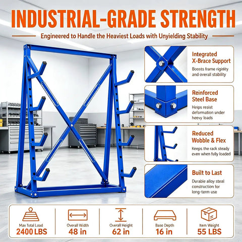 Workhorse Heavy Duty Lumber Storage Rack With Adjustable Arms And Beefy Alloy Steel Build For Stashing Pipes And Rebar Up To 2400 Pounds Without Breaking A Sweat