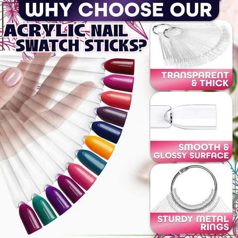 200 Pcs Nail Swatch Sticks Clear Gel Polish Swatches On Metal Ring Display showing acrylic tips in various colors