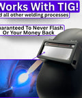 Auto Darkening Welding Lens Shade 12 In Silver With Blue Puddle Finish, 20A TIG Rating, No Flashing, mounted on hood