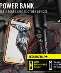 Beastly Bright 4000 Lumen USB C Rechargeable LED Flashlight charging a smartphone with USB-A cable, highlighting power bank feature.
