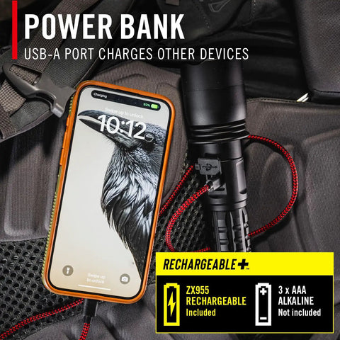 Beastly Bright 4000 Lumen USB C Rechargeable LED Flashlight charging a smartphone with USB-A cable, highlighting power bank feature.