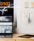 Go To 1050J Surge Protector With Protected Light Indicator, 1875W Max Single Outlet Wall Plug installed near a laptop.