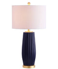 Navy Blue Modern Ceramic Table Lamp 28.5 Inches Tall For Living Room And Bedroom Fluted Bedside Nightstand Light With White Linen Shade And Gold Base LED Bulb Included For A Lit Vibe UL Listed