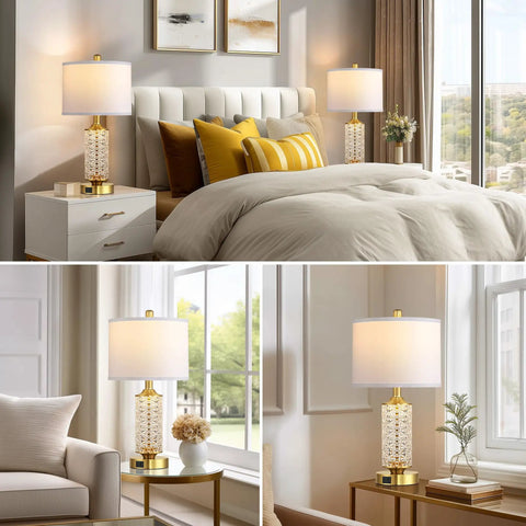 Set Of 2 Dope Gold Table Lamps With USB A And C Ports And Built In Night Light Top Table Lamp Plus Bottom Night Light 4 Way Rotary Switch LED Night Light Perfect For Bedroom Nightstand Living Room in a cozy setting