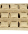 Sleek Mens Watch Organizer And Jewelry Display Tray, Soft Linen Multi Grid Pad With Fluffy Cushion For Rings, Khaki Desk Storage Caddy