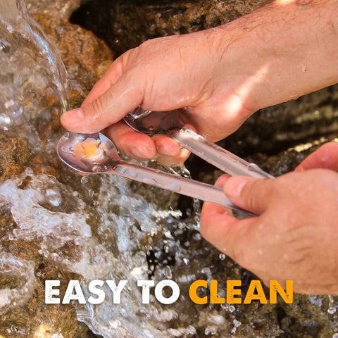 Hands washing 9.4 Inch Long Spork and Spoon Set for Camping and Hiking with deep reach stainless steel utensils under running water