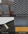 Close-up of Mesh Shower Caddy Bag details, showing strong webbing, heavy-duty quick dry mesh, metal zipper, and neat stitching.