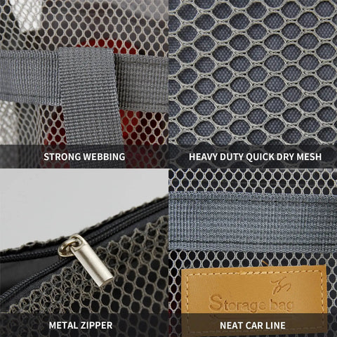 Close-up of Mesh Shower Caddy Bag details, showing strong webbing, heavy-duty quick dry mesh, metal zipper, and neat stitching.