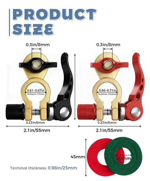 Size diagram of 2 Pack Battery Terminal Connectors For Cars And More, Quick Release Brass Cable Ends With Anti-Corrosion Pad.