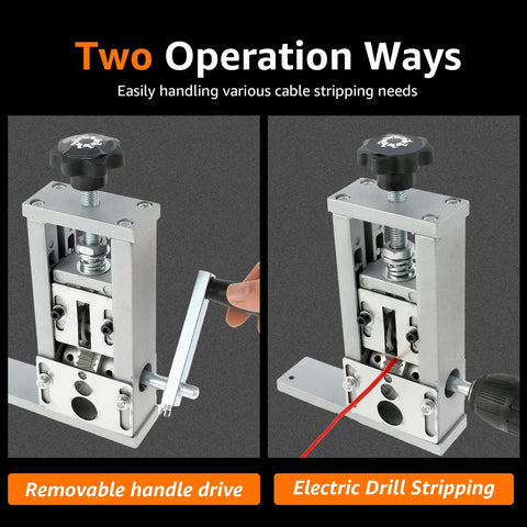 Manual Wire Stripper Machine For Scrap Cables, aluminum alloy with hand crank and drill, two operation modes showcased