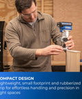 Slick Action 20V Cordless Trim Router Featuring Micro Adjustment Dial And Dual Led Lights For Tight Corners And Crisp Edges On Any Knockout Build Bare Tool Rig in use for precision routing.