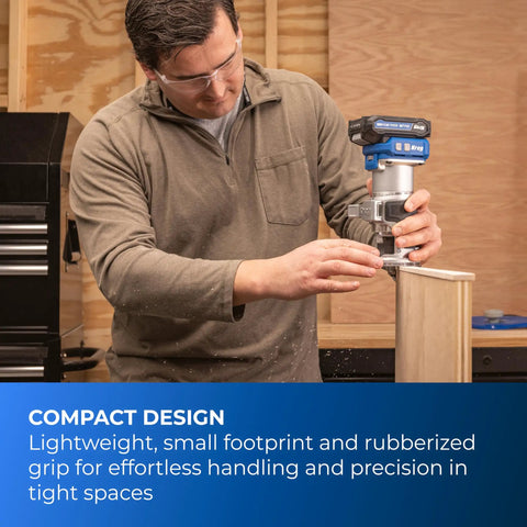 Slick Action 20V Cordless Trim Router Featuring Micro Adjustment Dial And Dual Led Lights For Tight Corners And Crisp Edges On Any Knockout Build Bare Tool Rig in use for precision routing.