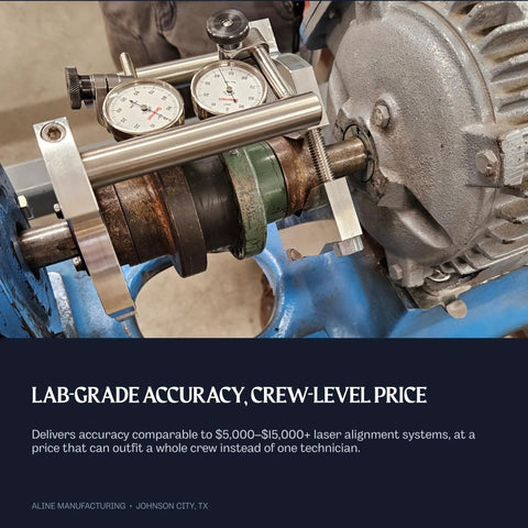 Rock Solid Compact Reverse Dial Indicator Shaft Alignment Set With Dual Precision Gauge Probes shown on a motor shaft for accurate alignment.