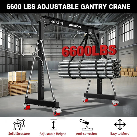 Beefy 3 Ton Gantry Crane With Adjustable 8.53 To 12.47 Ft Height 6600 Lbs Capacity Manual Trolley Hook And Shackles in warehouse