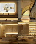 COB LED Strip Light Under Cabinet Lighting 24ft Cool White 6500K in various room settings including TV, stairs, bedroom, and living area