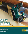 Cordless 2 In 1 Nail Gun And Staple Gun Kit With 20V Battery And Charger used for woodworking, showing a hand nailing into wood.