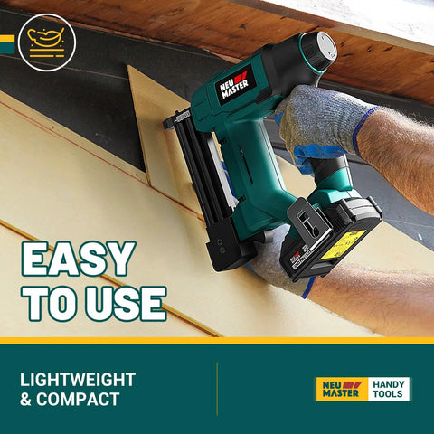 Cordless 2 In 1 Nail Gun And Staple Gun Kit With 20V Battery And Charger used for woodworking, showing a hand nailing into wood.
