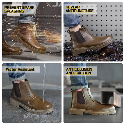 Collage of Unisex Steel Toe Chelsea Boots For Work Waterproof Lightweight Comfortable Non Slip Safety Boots With Puncture-Proof Kevlar Midsole