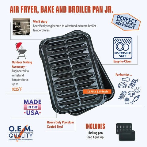 Image of Two Piece Air Fry Bake And Broil Pan Set with grates, 8.5 x 12.75 inches, black porcelain finish, durable steel, nonstick coating.
