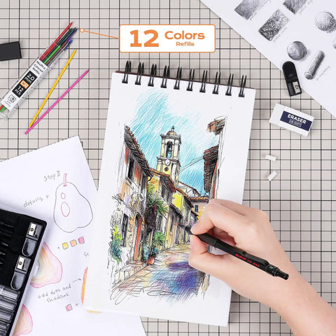 Hand sketching with Metal Mechanical Drafting Pencil Set For Sketching And Drawing, Five Pencils With 0.3 0.5 0.7 0.9 And 2.0 mm Leads