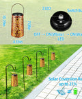 Two Pack Solar Hanging Lanterns Outdoor Lights With IP55 Waterproof Rating Retro Metal Decor For Garden Patio Tree Fence Backyard Pathway Solar Powered Dual Modes Warm And Cool White, showing dimensions and solar conversion rate.