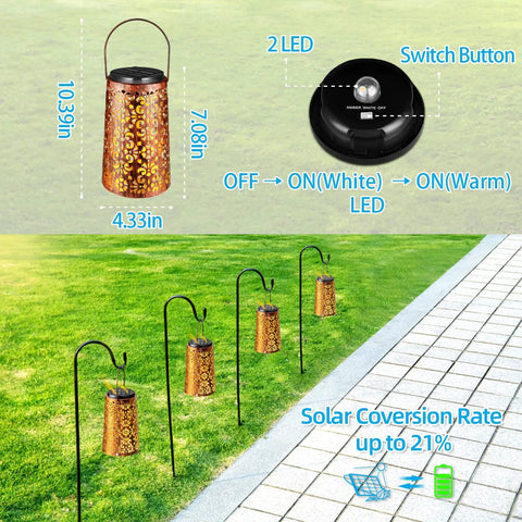 Two Pack Solar Hanging Lanterns Outdoor Lights With IP55 Waterproof Rating Retro Metal Decor For Garden Patio Tree Fence Backyard Pathway Solar Powered Dual Modes Warm And Cool White, showing dimensions and solar conversion rate.