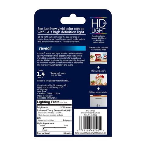Back of Reveal HD Appliance Light Bulb 40 Watt, 320 Lumens, A15 Medium Base, packaging with product details