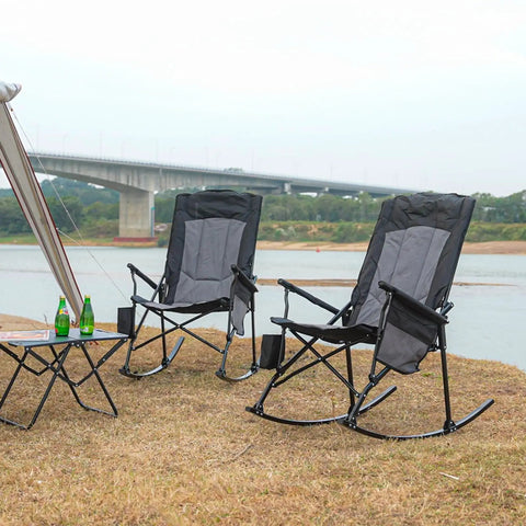Two Pack High Back Portable Rocking Chairs With Hard Armrests For Outdoor Hangouts by a riverside