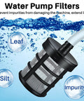 4 Pack Hose Filters For Water Pumps, 50 Mesh Stainless Steel Sediment Strainers connected to hose, visualizes filtration process