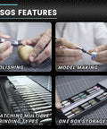 Four images showing Cordless Rotary Tool Kit With 36 Bits and Aluminum Case featuring polishing, model making, and storage.